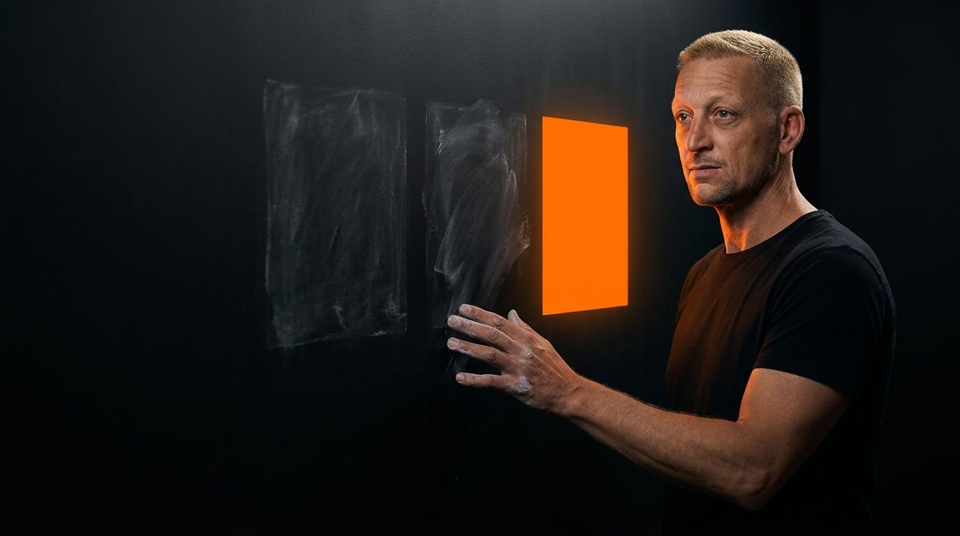 Roman at a dark wall wiping away chalk blocks, one orange block remaining, illustrating clarity through subtraction