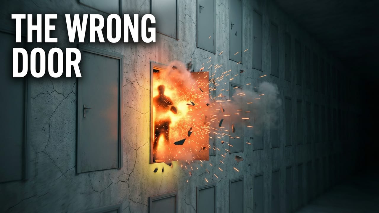 The Wrong Door losing ad creative: an exploding doorway with a silhouette