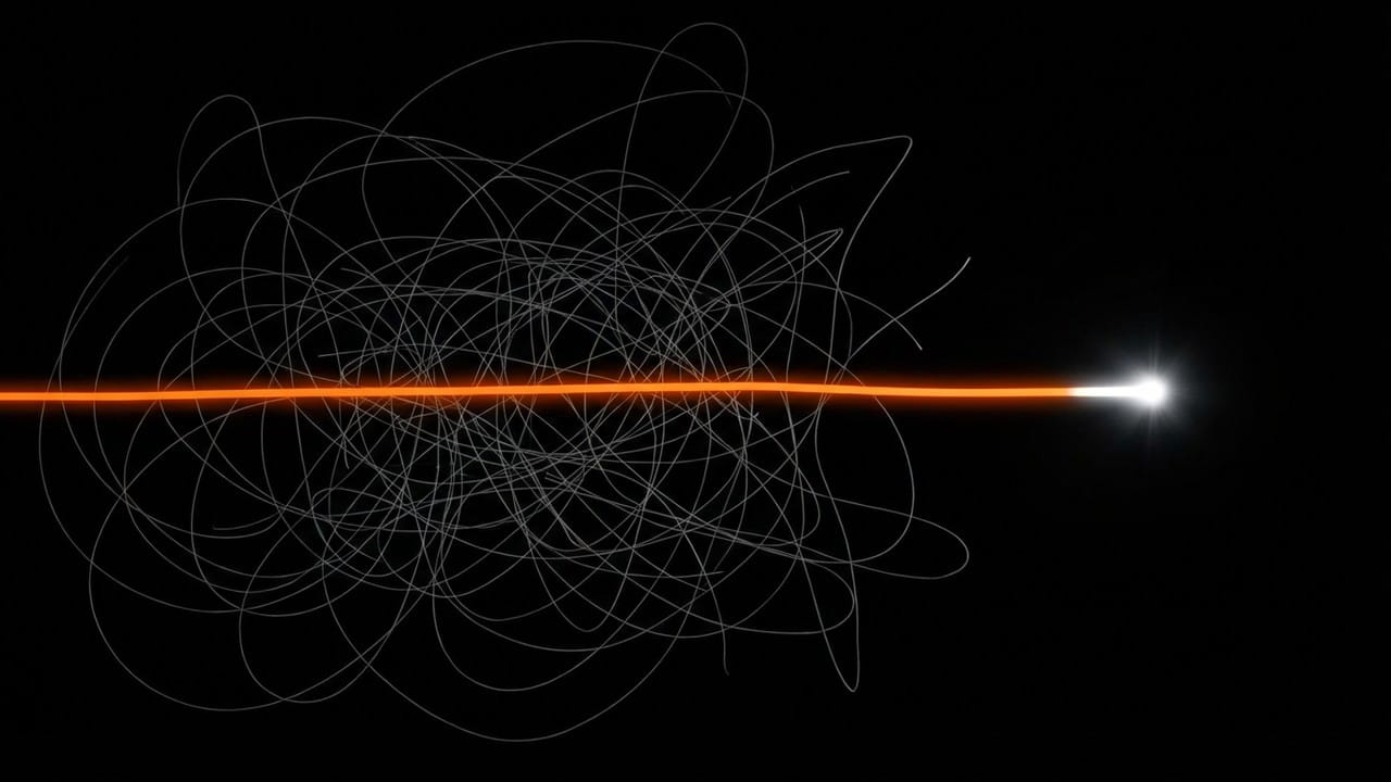 Chaos to Clarity ad image: an orange line cutting through a gray tangle